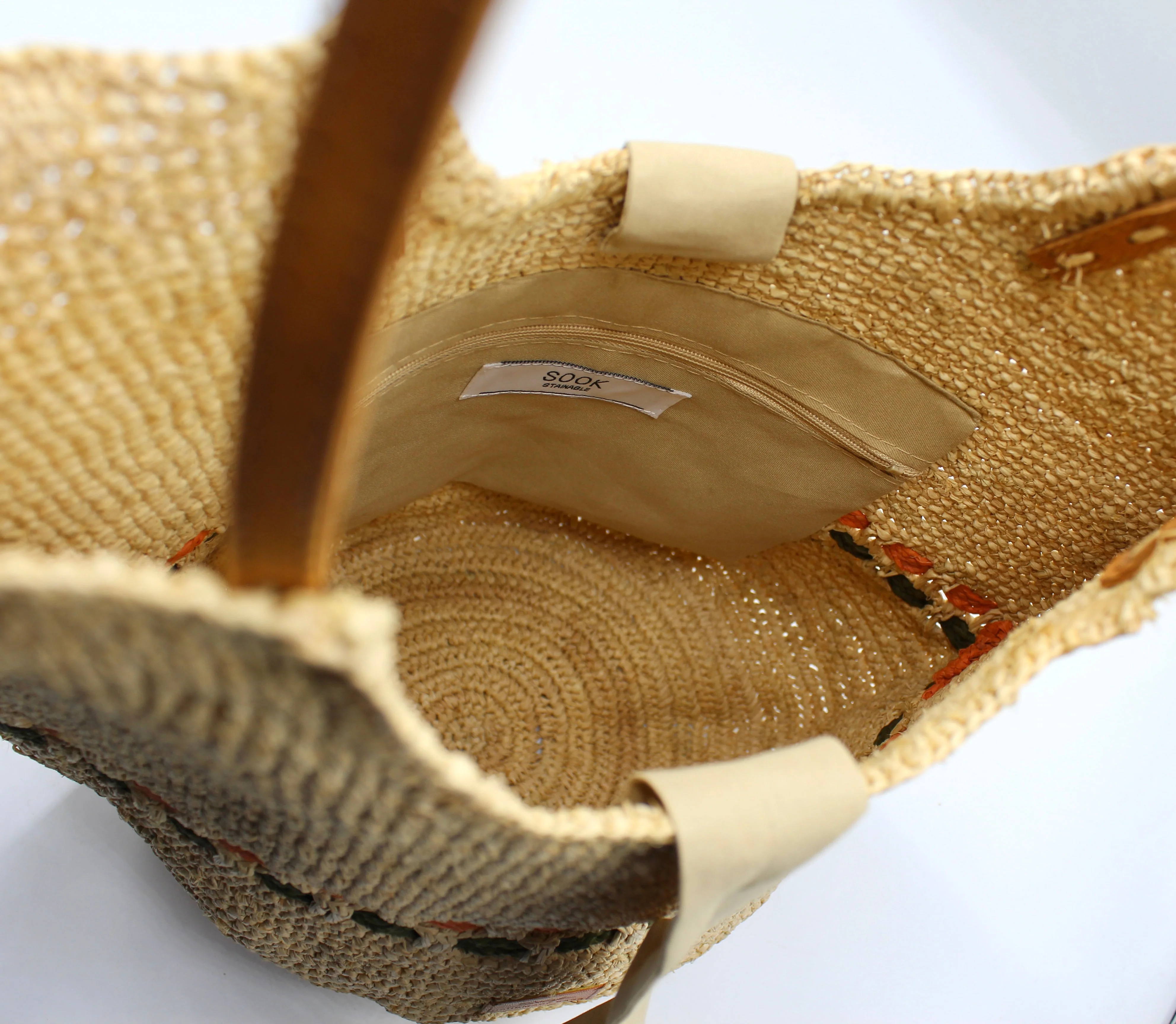 Zola - Handmade Natural Raffia Tote Bag - Pastel Green and Amber - Image 6