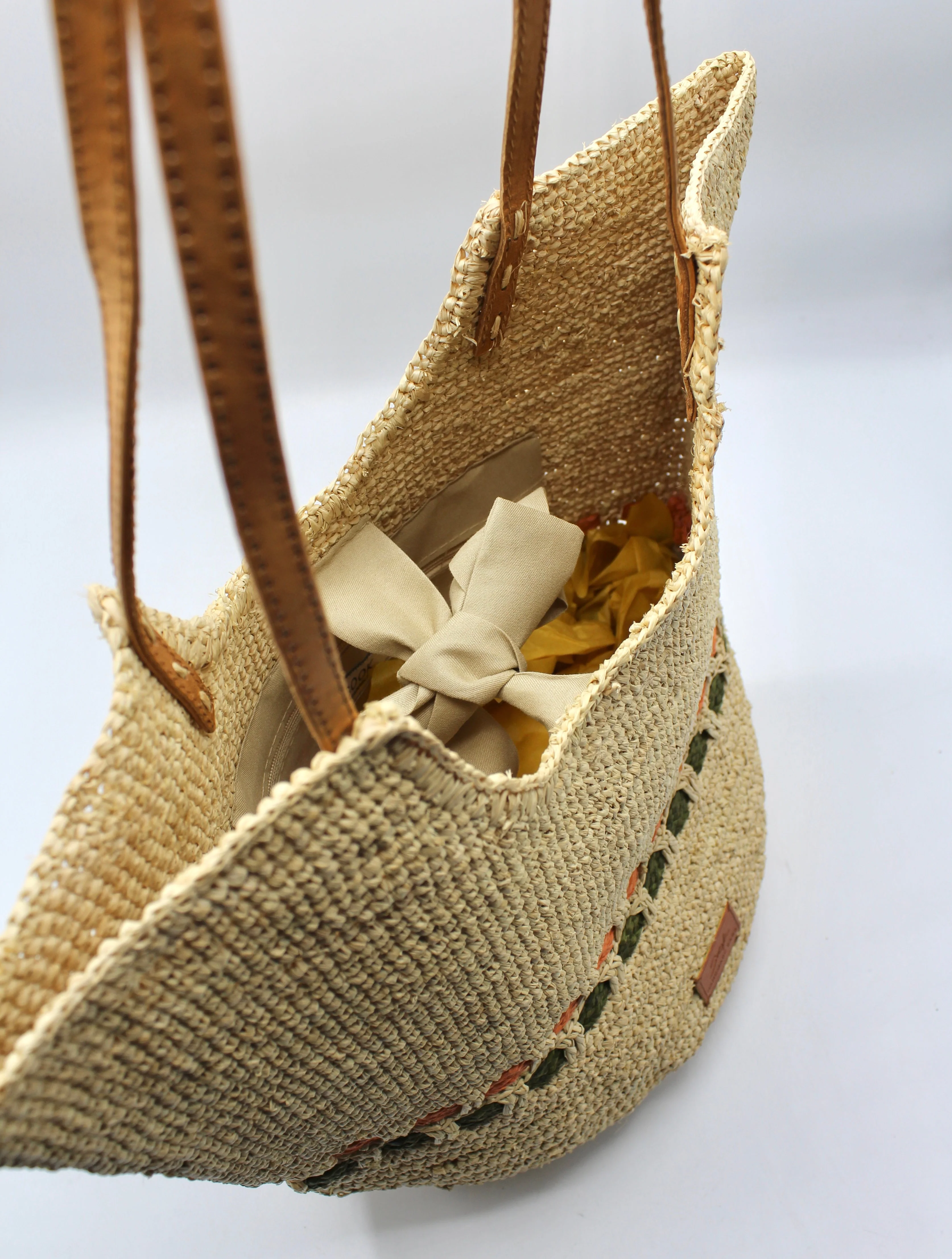 Zola - Handmade Natural Raffia Tote Bag - Pastel Green and Amber - Image 7